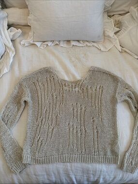 silence + noise Open-Knit Taupe Crewneck Sweater